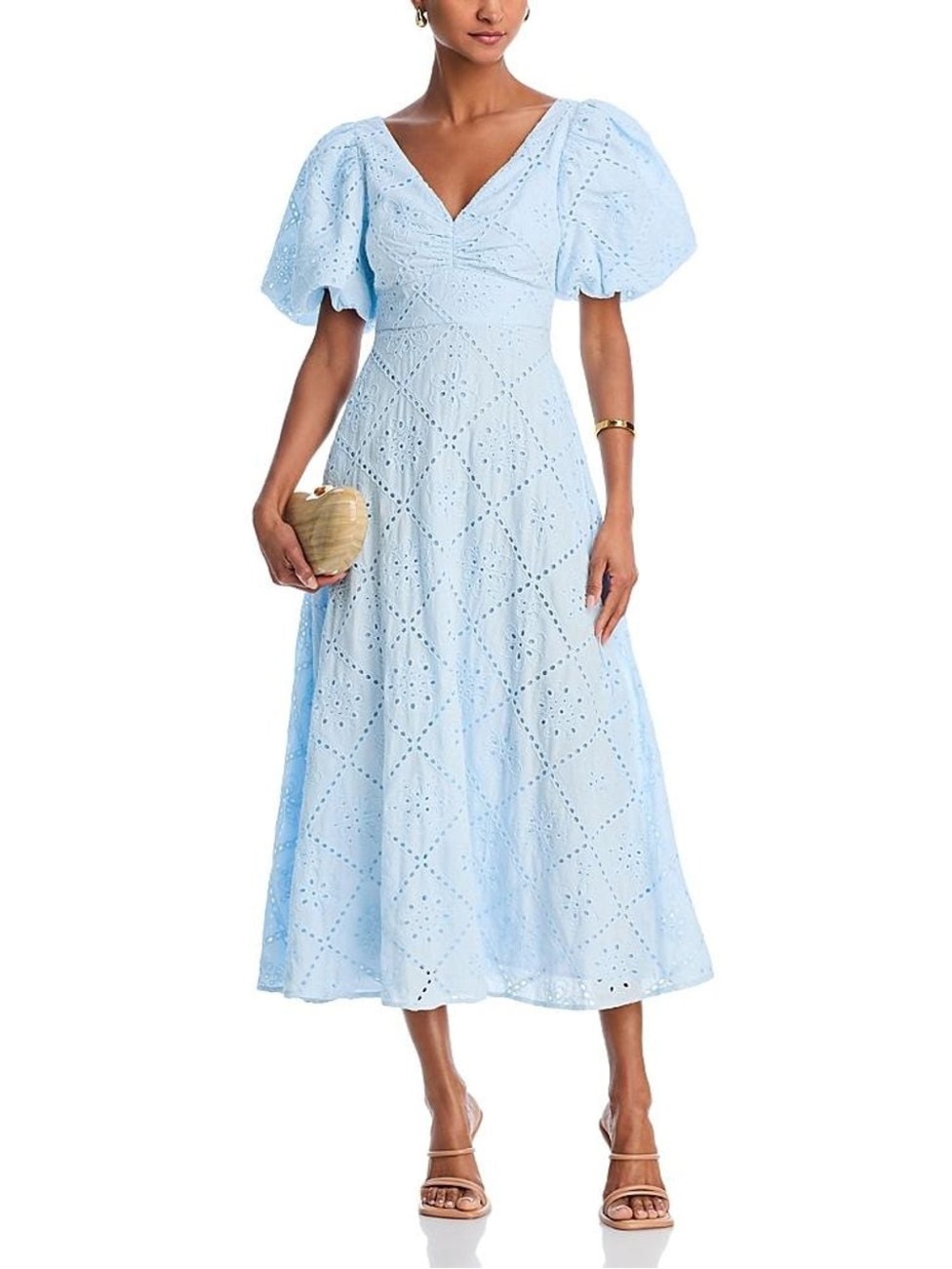 AQUA Light Blue Eyelet Midi Dress with Puff Sleeves